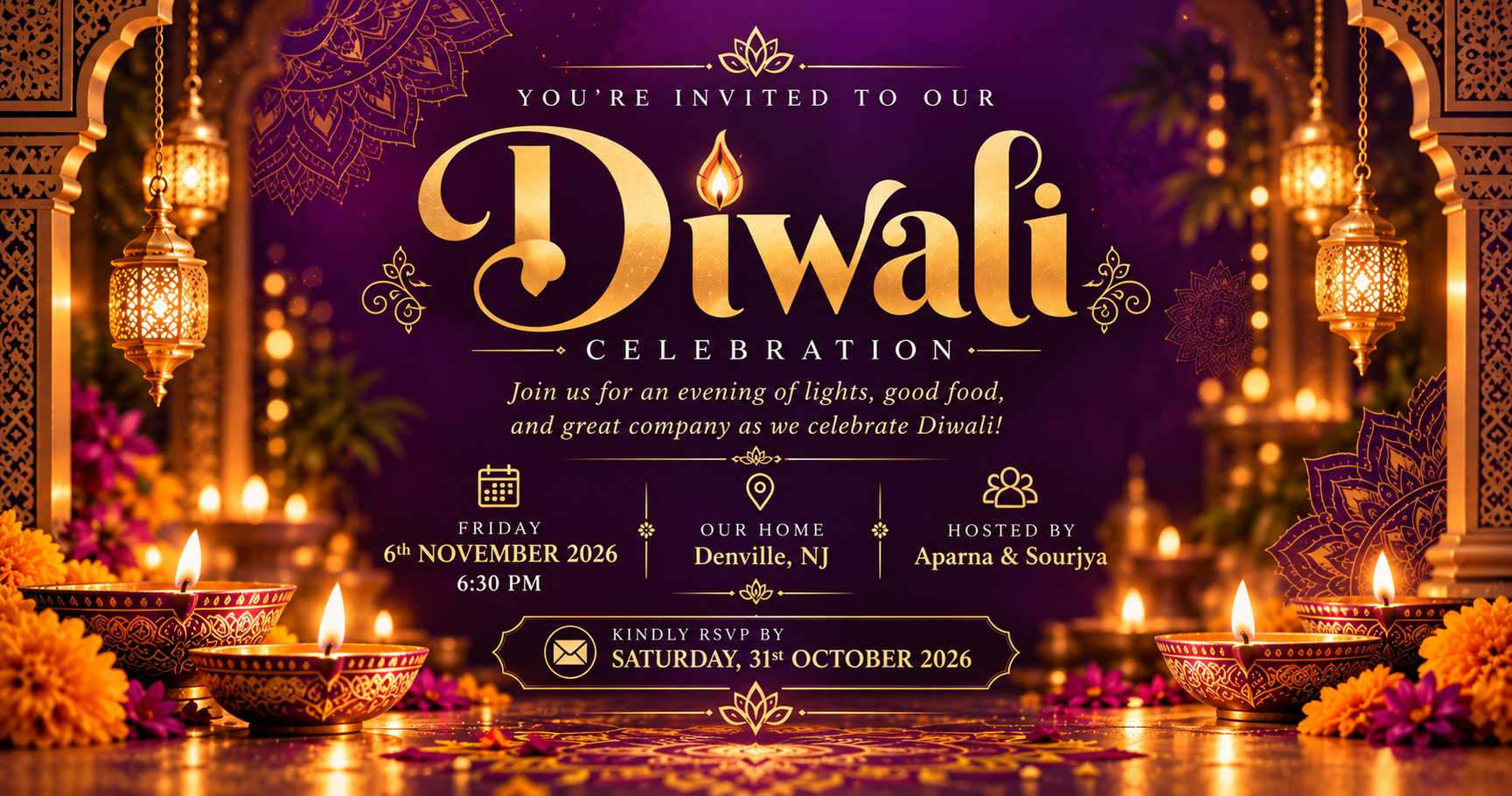 Invitation to our Diwali celebration on Friday, 6 November 2026 at 7:00 PM in Denville, New Jersey, hosted by Aparna and Sourjya. Kindly RSVP by Sunday, 1 November 2026.